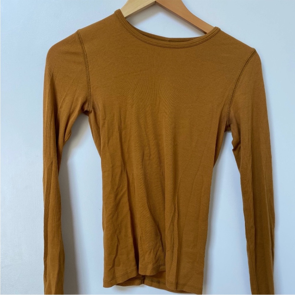 EVERLANE THE LUXE RIB LONG-SLEEVE CREW MUSTARD ORANGE BROWN MEDIUM SUPIMA COTTON